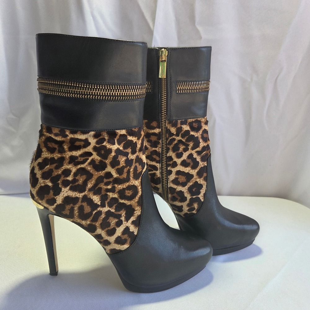 Michael Kors Black Leather Leopard Calf Hair Platform Ankle Boots 9M Zipper